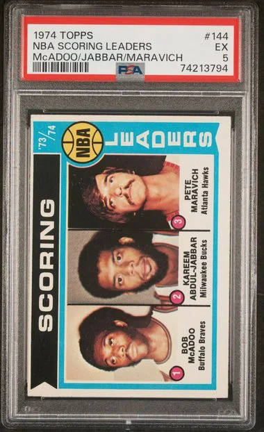1974 Topps NBA Scoring Leaders Mcadoo/Jabbar/Maravich #144 card image