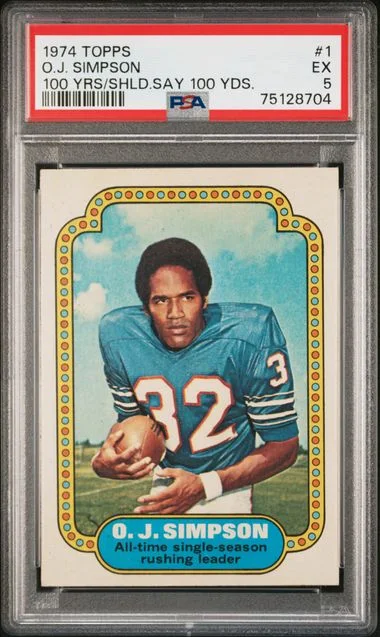 1974 Topps O.J. Simpson (Text On Back Says 100 Years, Should Say 100 Yards) #1 card image