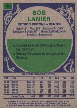 1975-76 Topps Bob Lanier #30 card back image