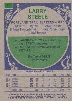 1975-76 Topps Larry Steele #94 card back image