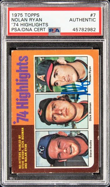 1975 Topps '74 Highlights Steve Busby/Dick Bosman/Nolan Ryan #7 card image