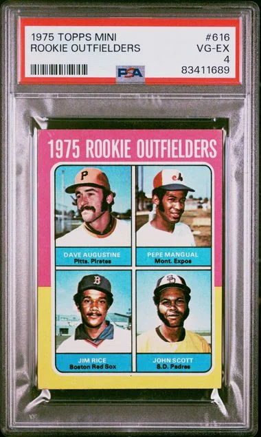 1975 Topps D.Augustine/P.Mangual/J.Rice/J.Scott Outfielders Mini #616 card image