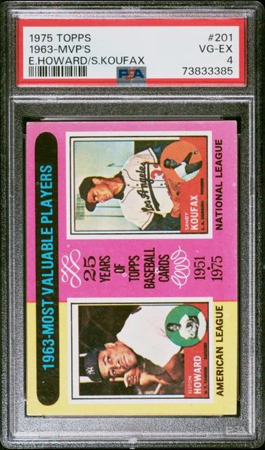 1975 Topps Elston Howard/Sandy Koufax 1963 MVPs #201 card image
