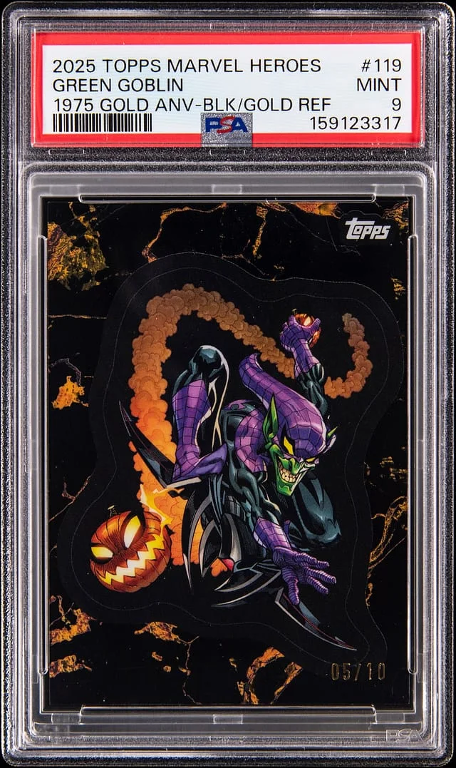 1975 Topps Green Goblin Marvel Heroes 1975 Gold Anniversary Black Gold Refractor #119 card image
