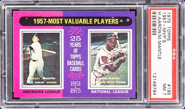 1975 Topps Hank Aaron/Mickey Mantle 1957 MVP #195 card image