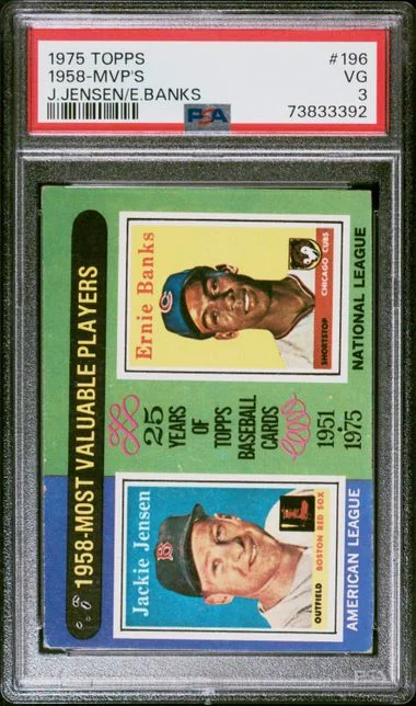 1975 Topps Jackie Jensen/Ernie Banks 1958 MVPs #196 card image