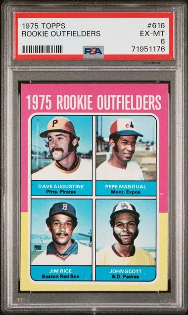 1975 Topps Jim Rice/Dave Augustine/Pepe Mangual/Jim Scott Outfielders #616 card image