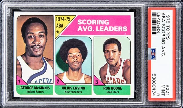 1975 Topps Ron Boone, Julius Erving, George McGinnis Leaders #221 card image