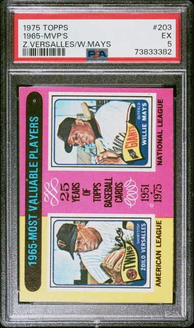 1975 Topps Zoilo Versalles/Willie Mays 1965 MVPs #203 card image