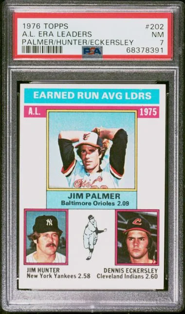 1976 Topps Jim Palmer/Jim Hunter/Dennis Eckersley A.L. Era Leaders #202 card image