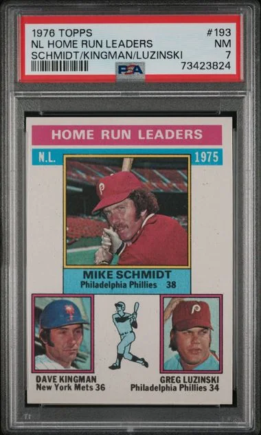 1976 Topps Mike Schmidt/Dave Kingman/Greg Luzinski NL Home Run Leaders #193 card image