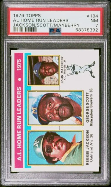 1976 Topps Reggie Jackson/George Scott/John Mayberry AL Home Run Leaders #194 card image
