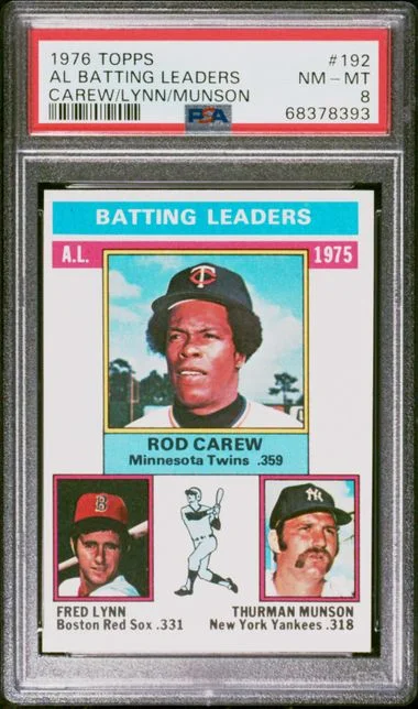 1976 Topps Rod Carew/Fred Lynn/Thurman Munson A.L.Batting Leaders #192 card image
