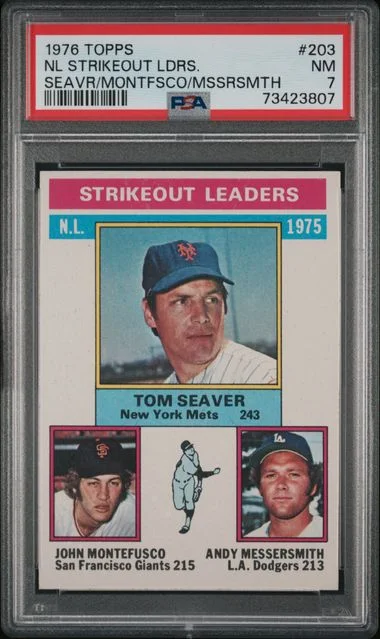 1976 Topps Tom Seaver/John Montefusco/Andy Messersmith NL Strikeout Leaders #203 card image