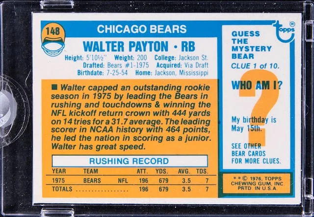 1976 Topps Walter Payton, Blank-Front Proof - Ex-Topps Vault - Topps Encased, Topps Vault COA #148 card image