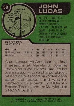 1977-78 Topps John Lucas #58 card back image