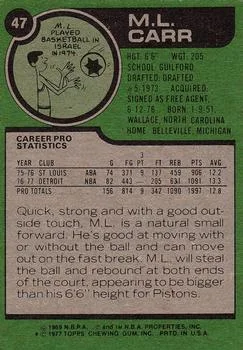 1977-78 Topps M.L. Carr #47 card back image