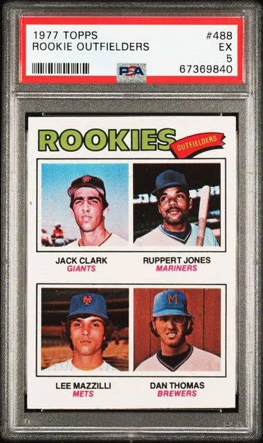 1977 Topps Jack Clark/Ruppert Jones/Lee Mazzilli/Dan Thomas Outfielders #488 card image