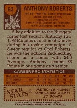 1978-79 Topps Anthony Roberts #62 card back image