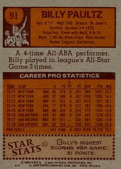 1978-79 Topps Billy Paultz #91 card back image