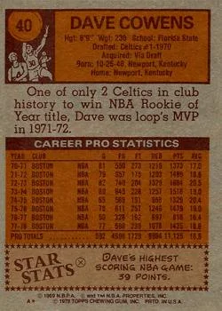 1978-79 Topps Dave Cowens #40 card back image