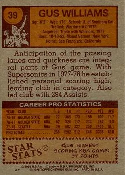 1978-79 Topps Gus Williams #39 card back image