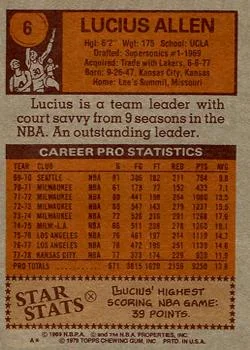 1978-79 Topps Lucius Allen #6 card back image