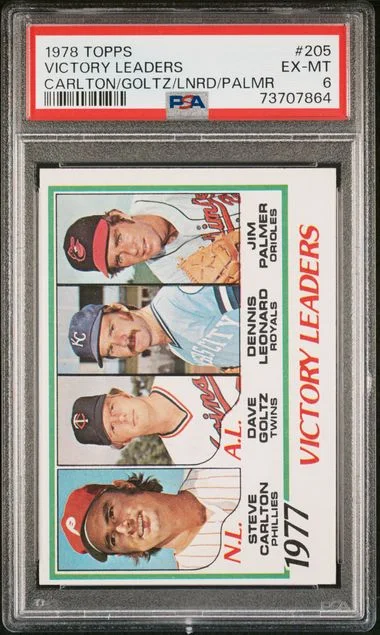 1978 Topps Steve Carlton/Dave Goltz/Dennis Leonard/Jim Palmer Victory Leaders #205 card image