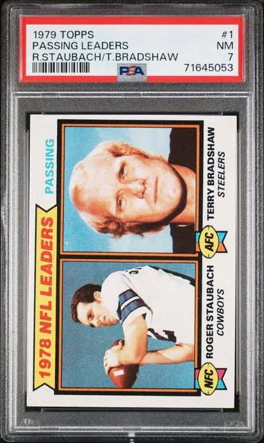 1979 Topps Passing Leaders R.Staubach/T.Bradshaw #1 card image