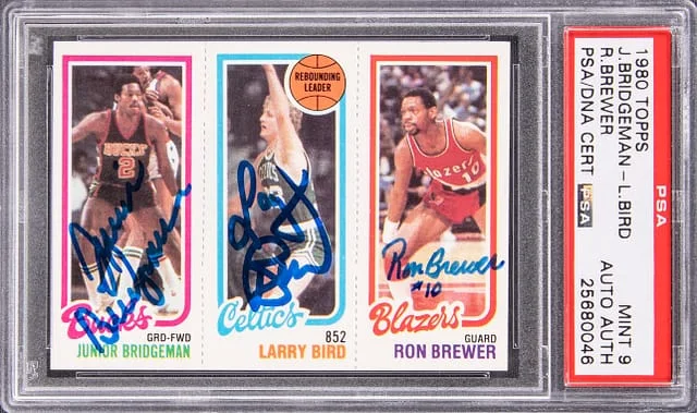 1980-81 Topps Rebounding Leader Junior Bridgeman/Larry Bird/Ron Brewer Multi-Signed Card – Larry Bird #no-number card image