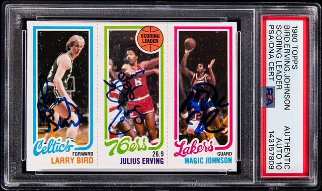 1980-81 Topps Scoring Leader Bird/Erving/Johnson Multi-Signed #no-number card image
