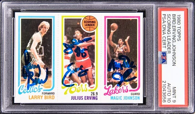 1980-81 Topps Scoring Leader Larry Bird/Julius Erving/Magic Johnson Multi-Signed #no-number card image