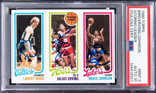 1980-81 Topps Scoring Leader Larry Bird/Magic Johnson/Julius Erving Multi-Signed #no-number card image