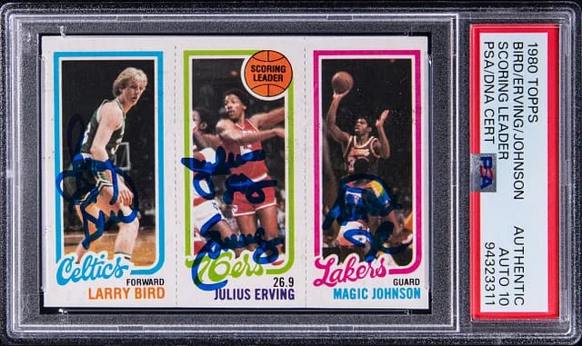 1980-81 Topps Scoring Leader Magic Johnson/Julius Erving/Larry Bird Multi-Signed #no-number card image