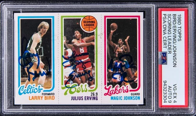 1980-81 Topps Scoring Leader Magic Johnson/Larry Bird/Julius Erving Multi-Signed #no-number card image