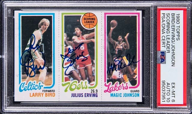 1980-81 Topps Scoring Leaders Larry Bird/Julius Erving/Magic Johnson Multi-Signed #no-number card image