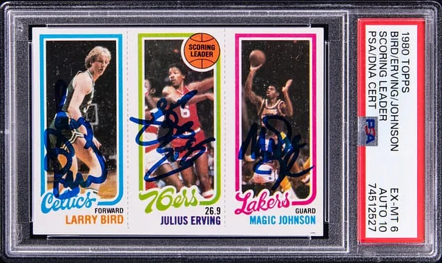 1980-81 Topps Scoring Leaders Larry Bird/Magic Johnson/Julius Erving Multi-Signed #no-number card image