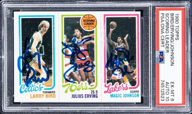 1980-81 Topps Scoring Leaders Magic Johnson/Julius Erving/Larry Bird Multi-Signed #no-number card image