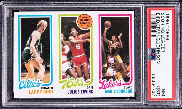 1980 Topps Larry Bird/Julius Erving/Magic Johnson Scoring Leader #34 card image
