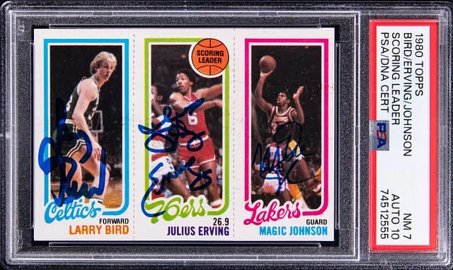 1980 Topps Scoring Leaders Larry Bird/Magic Johnson/Julius Erving Multi-Signed #no-number card image