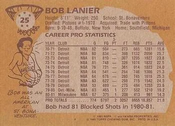 1981-82 Topps Bob Lanier #25 card back image