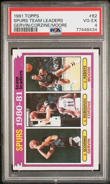 1981-82 Topps George Gervin/Dave Corzine/Johnny Moore Spurs Team Leaders #62 card image