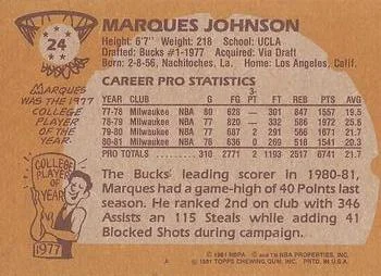 1981-82 Topps Marques Johnson #24 card back image