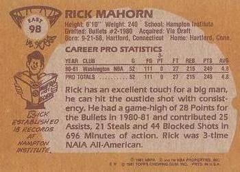 1981-82 Topps Rick Mahorn #E98 card back image