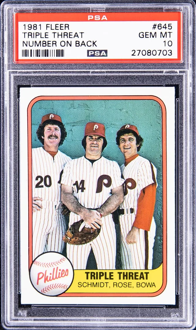 1981 Fleer Mike Schmidt/Pete Rose/Larry Bowa Triple Threat, Number on Back #645 card image