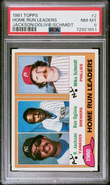 1981 Topps Reggie Jackson/Ben Oglivie/Mike Schmidt Home Run Leaders #2 card image