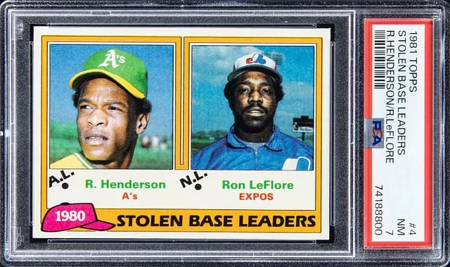 1981 Topps Rickey Henderson, Ron LeFlore Stolen Base Leaders #4 card image