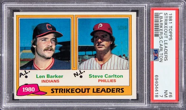 1981 Topps Steve Carlton/Len Barker Strikeout Leaders #6 card image