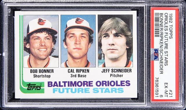 1982 Topps Jeff Schneider, Cal Ripken, Bob Bonner Orioles Future Stars #21 card image