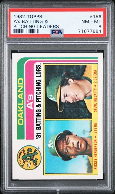 1982 Topps Rickey Henderson/Steve McNatty A's Batting & Pitching Leaders #156 card image